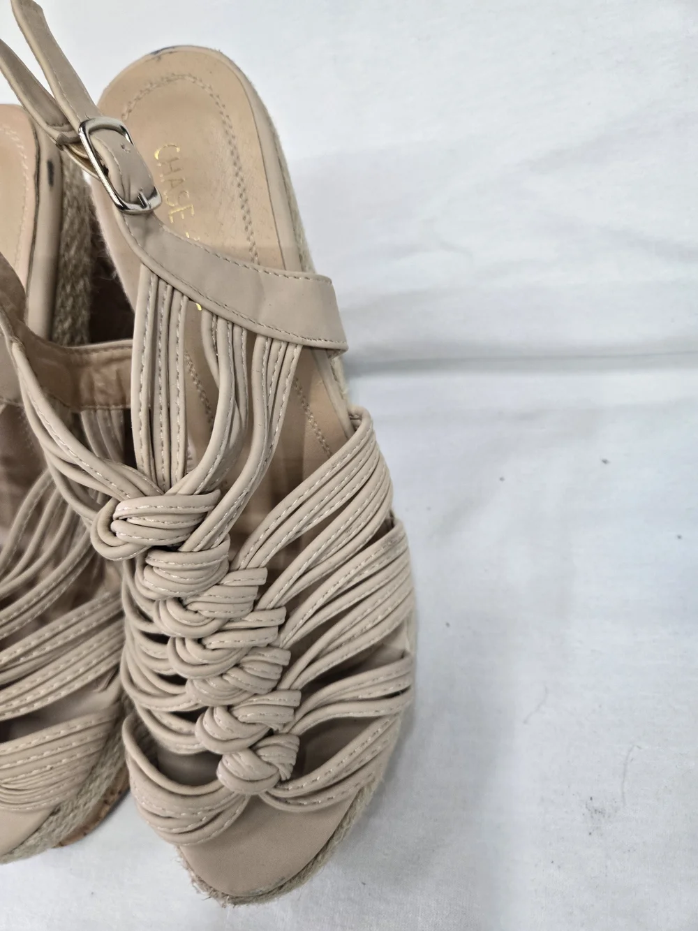 Chase + Chloe Beige Braided Cork Platform Wedge Sandals